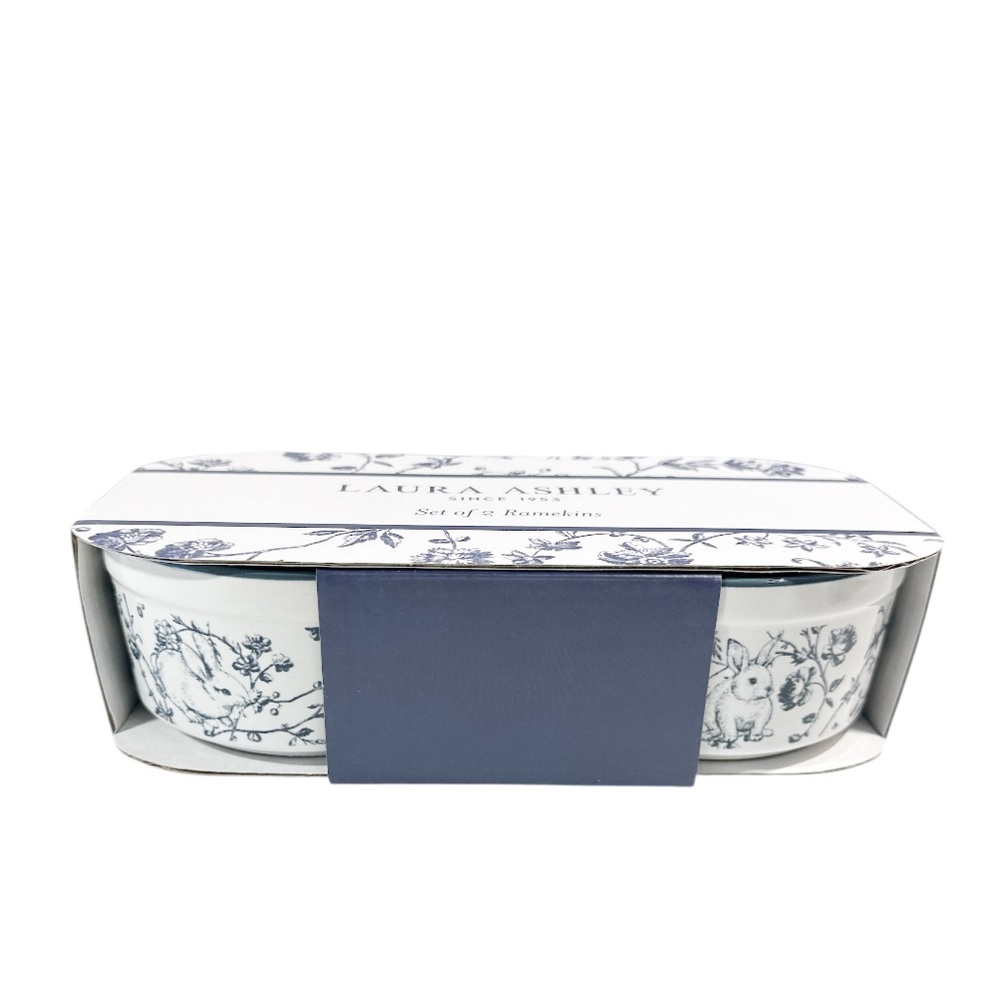 NEW Laura Ashley Navy & White SPRING BUNNY & FLORAL Ramekin Set/2